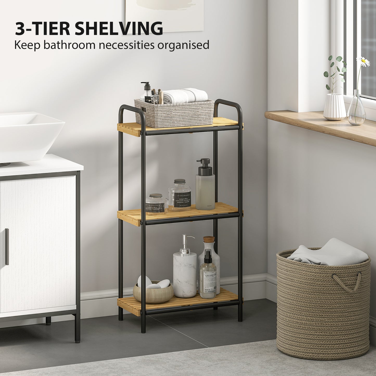 HOMCOM 3 Tier Bamboo Bathroom Storage Shelf Freestanding Narrow Shelving Unit With Slatted Shelves Natural Black