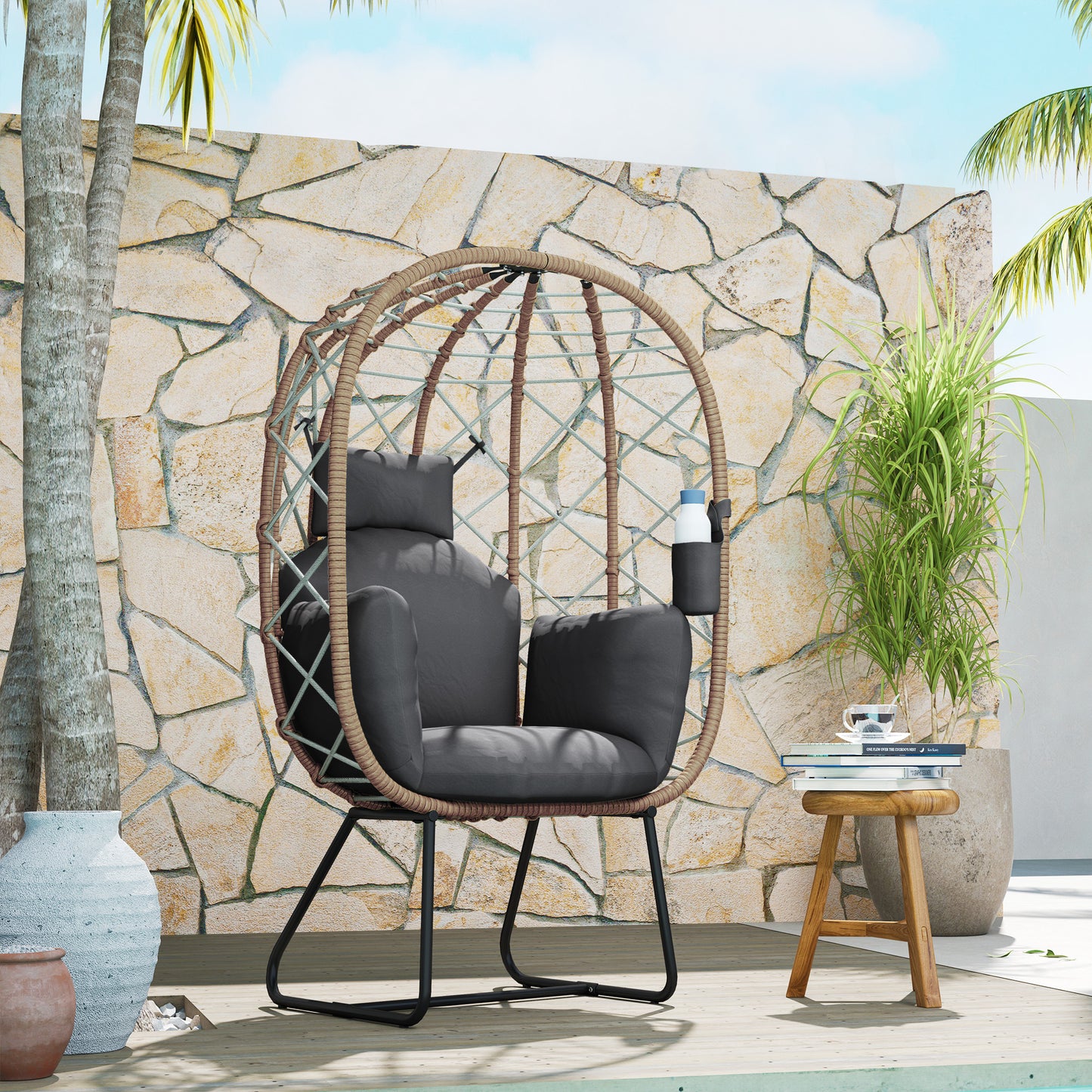 Outsunny Rattan Egg Chair With Thick Cushion And Headrest, Standing Garden Wicker Chair, Metal Frame For Patio Balcony