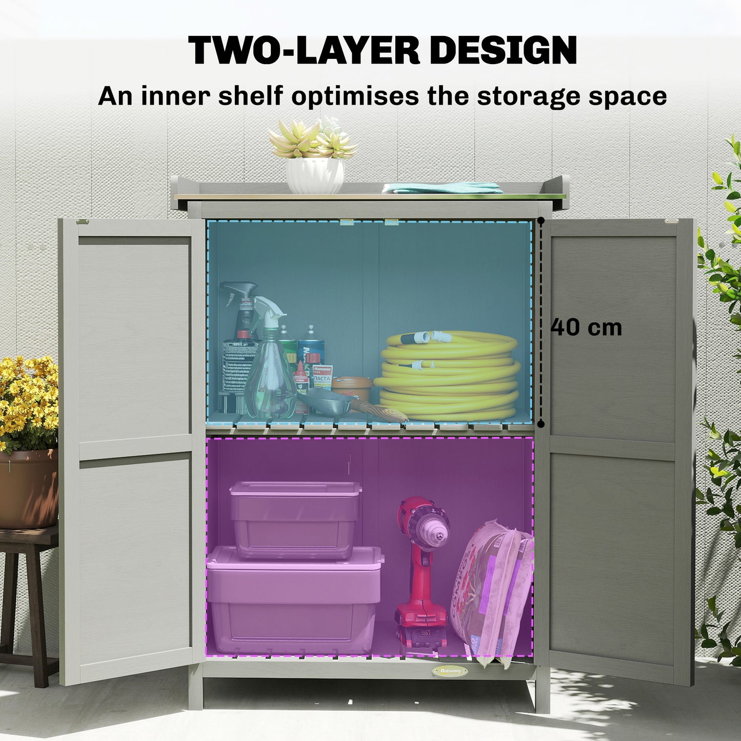 Outsunny Wooden Garden Shed With Potting Table And Shelving For Tool Storage Side Hooks 71.5 x 39 x 95 cm Grey