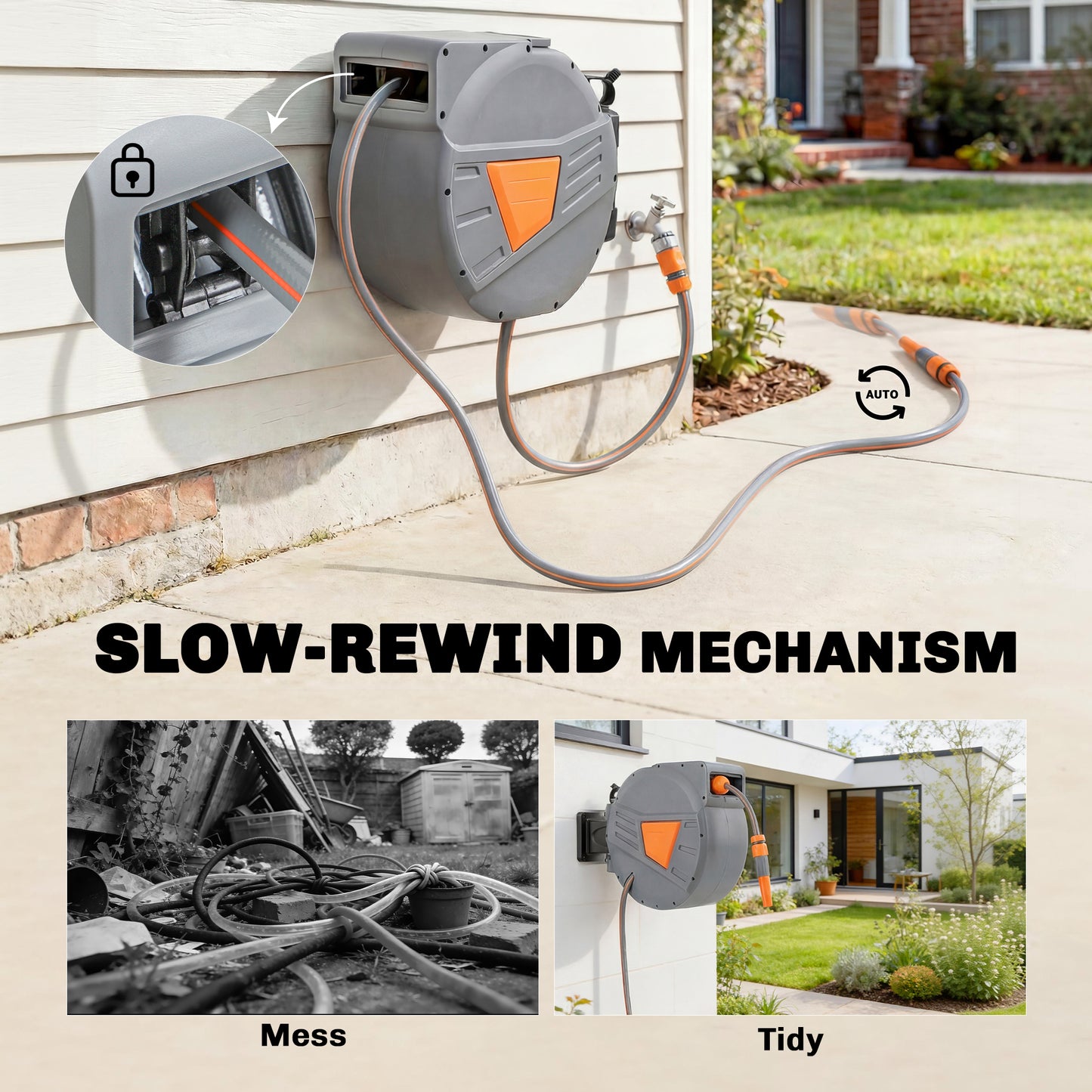 Outsunny Retractable Hose Reel Wall Mounted 30m 2m Garden Hose Pipe Reel With Auto Retraction And Self Locking Orange