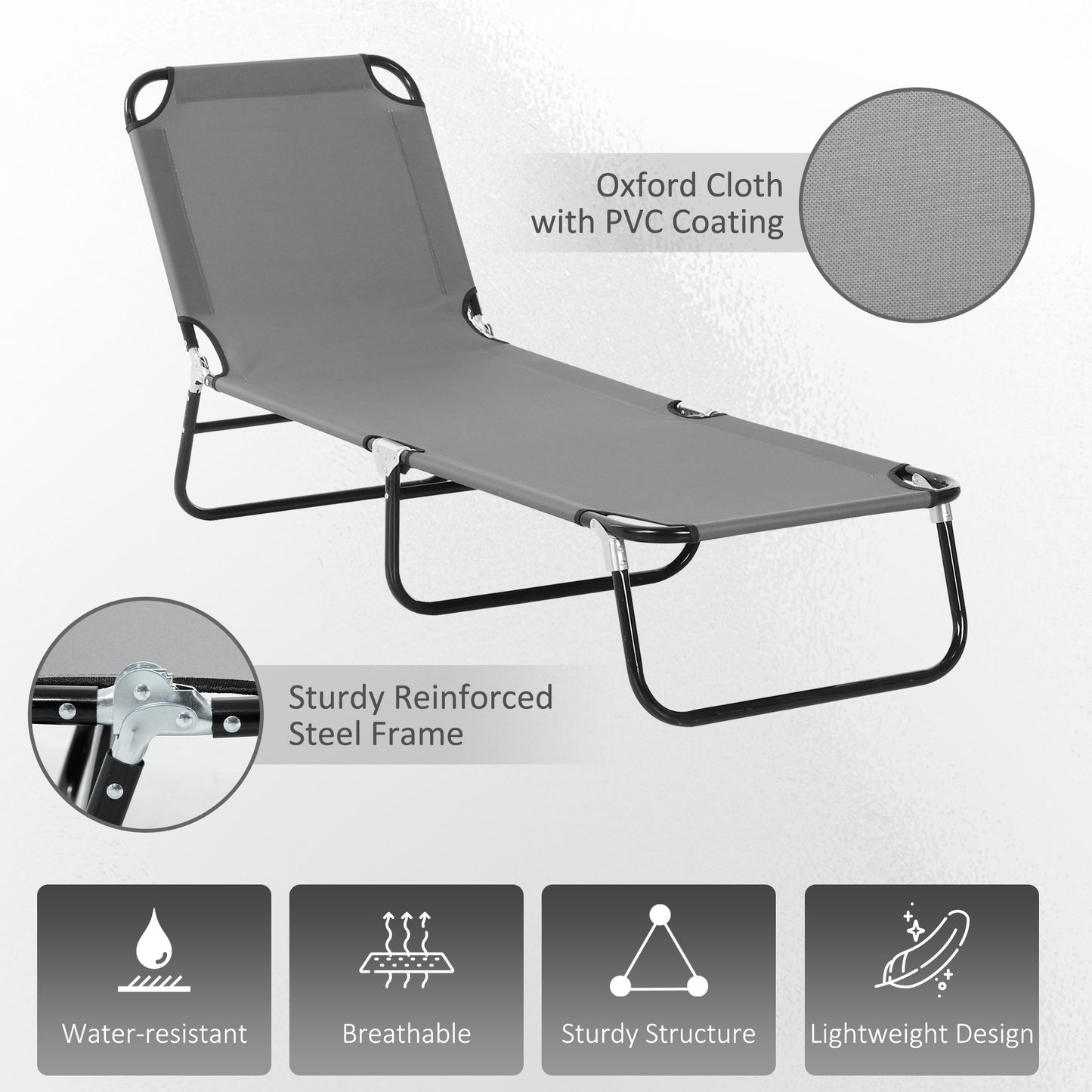 Outsunny Set of 2 Adjustable Grey Patio Sun Loungers with Weather-Resistant Fabric and Steel Frame - ALL4U RETAILER LTD