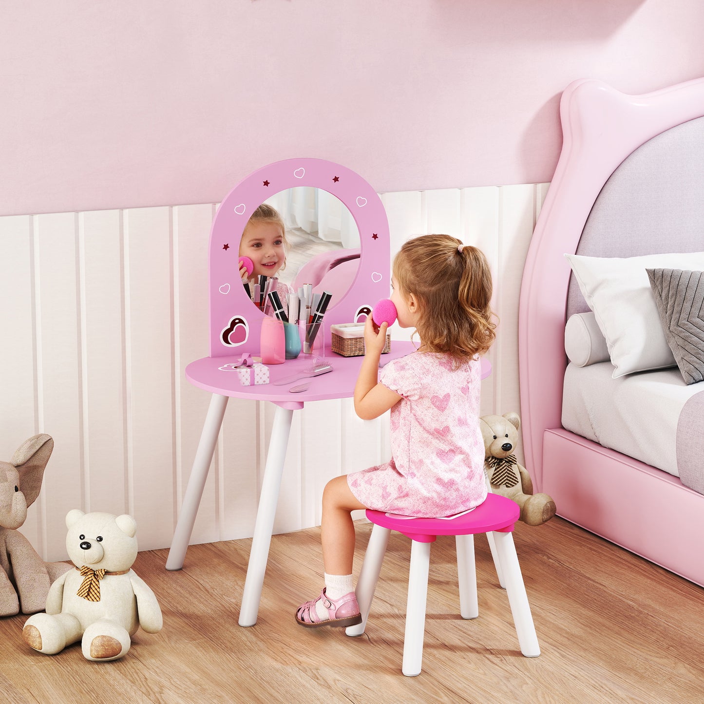 AIYAPLAY Kids Dressing Table With Mirror And Stool Vanity Set For Girls Ages 3 To 6 Pink
