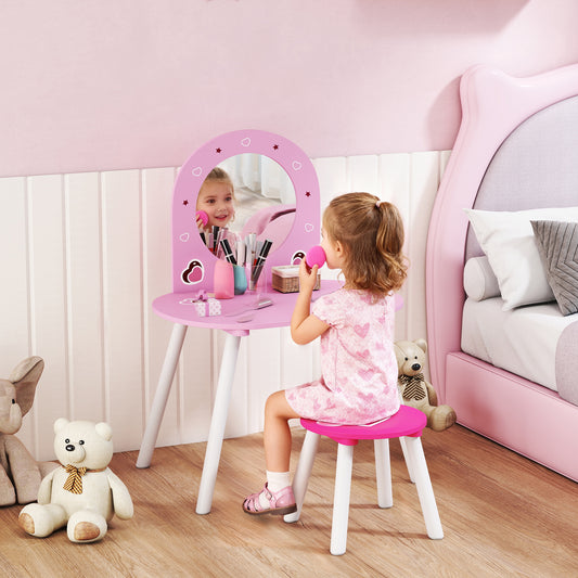 AIYAPLAY Kids Dressing Table With Mirror And Stool Vanity Set For Girls Ages 3 To 6 Pink
