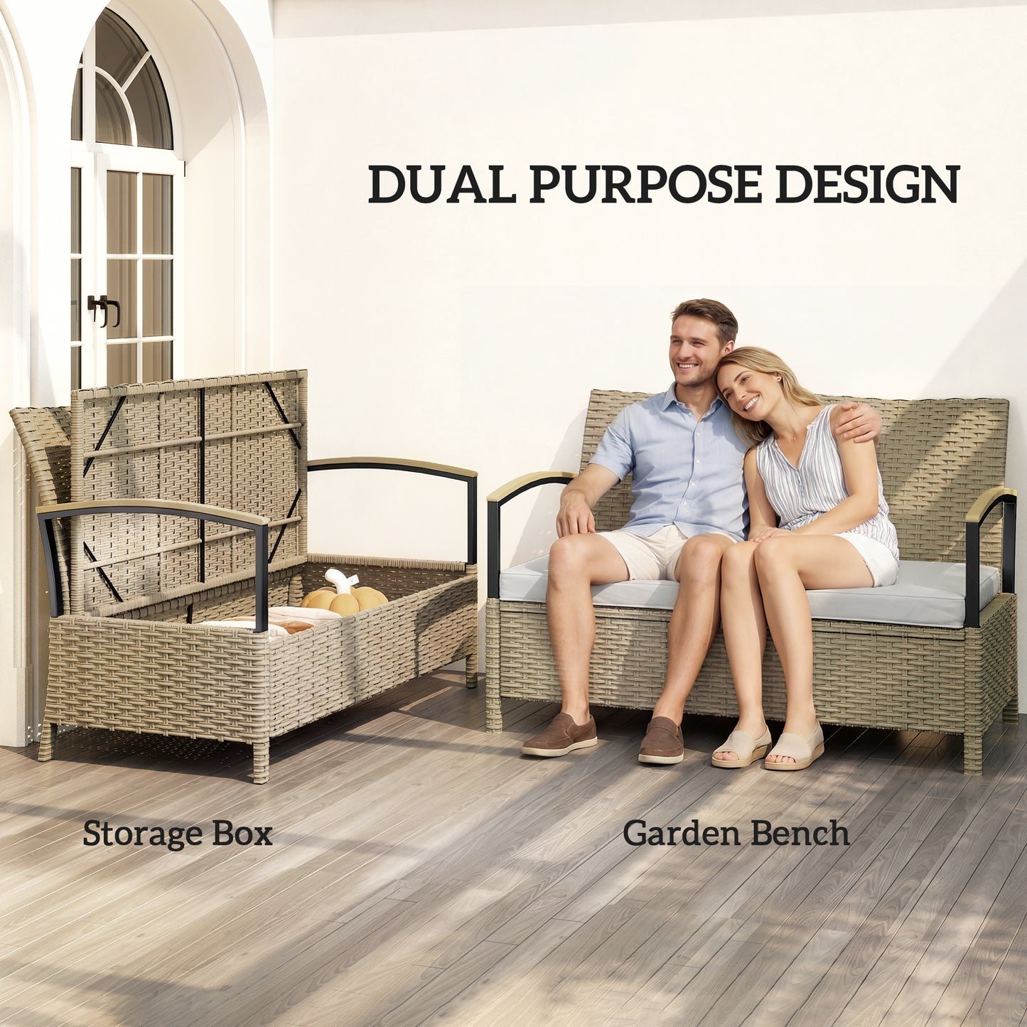 Outsunny 125L Garden Storage Bench Two Seater PE Rattan Outdoor Storage Box With Padded Cushion Khaki