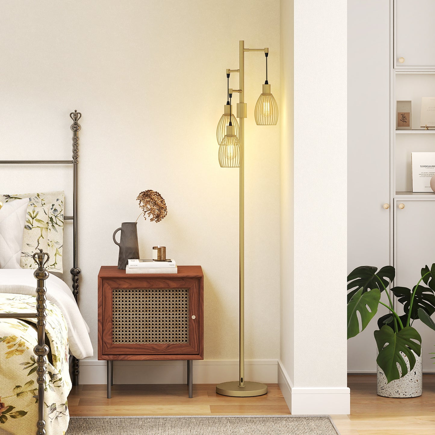 HOMCOM Industrial Dimmable 3 Light Floor Lamp With Steel Wire Cage Lampshades In Gold Tone 170cm Tall