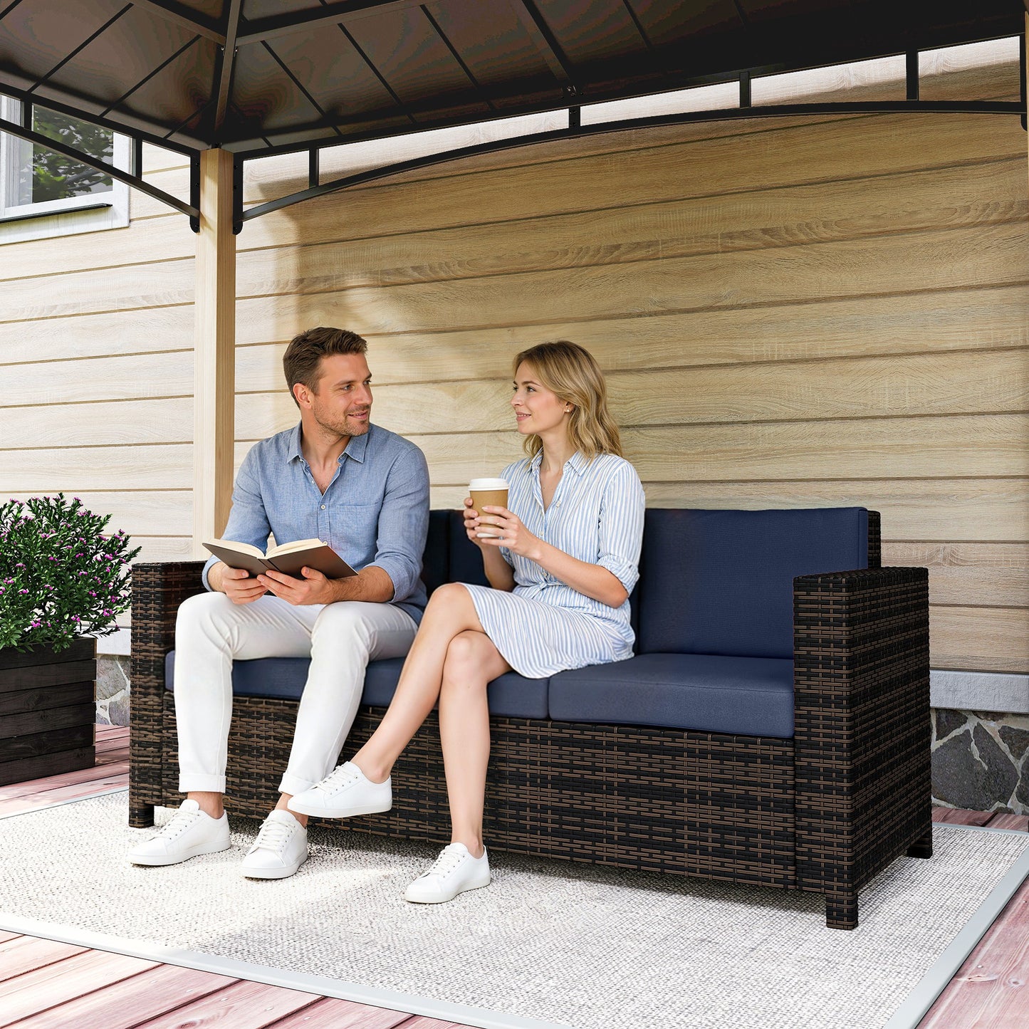 Outsunny 3 Seater Garden Rattan Sofa All Weather Wicker Weave With Steel Frame Water Resistant Cushions Dark Blue