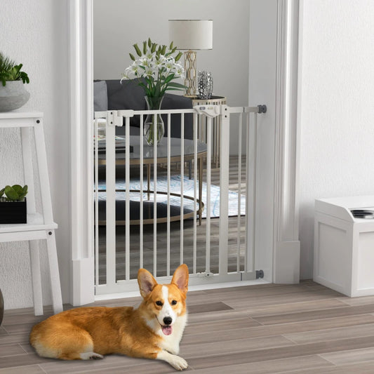 PawHut Metal Adjustable Dog Gate - White, Expandable 74-87cm Width, Pet Safety Barrier