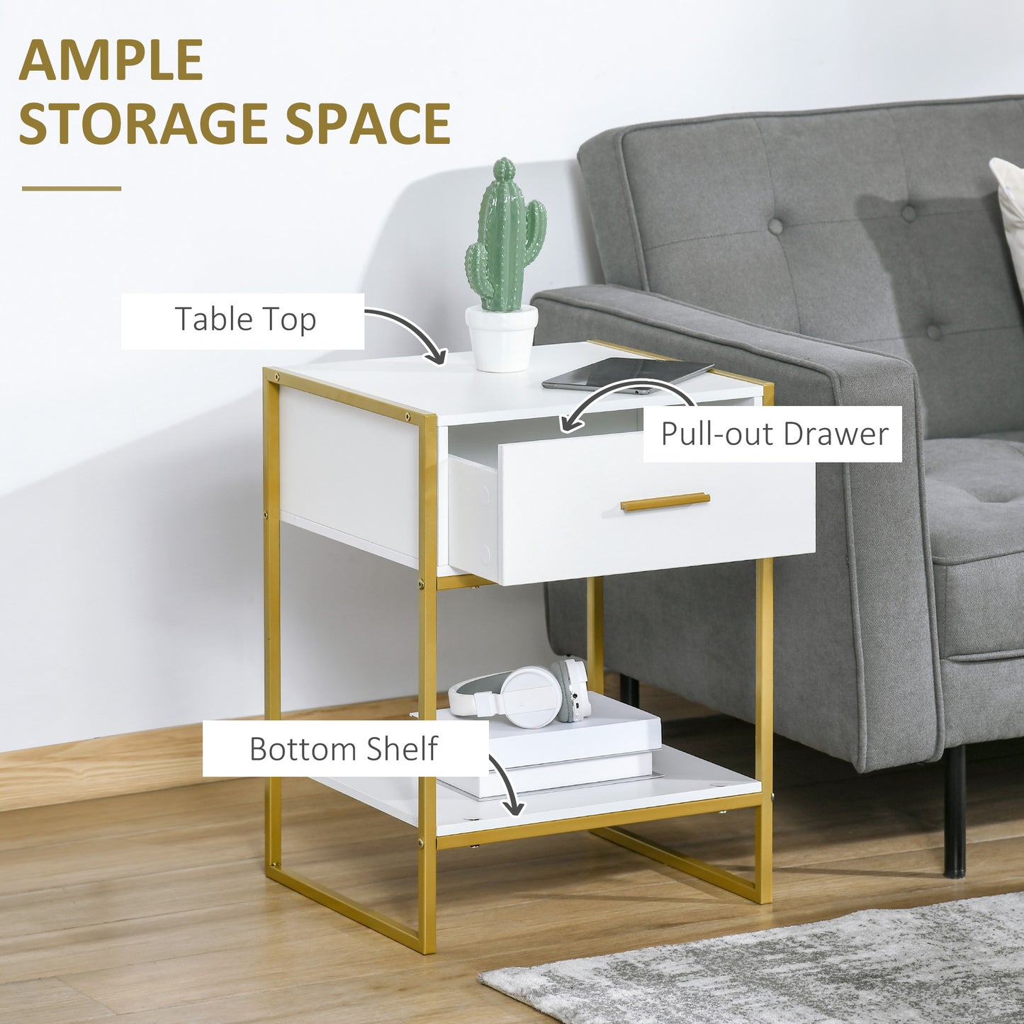 HOMCOM Bedside Table Set Of 2 Modern Nightstands With Drawer And Shelf In White For Bedroom Decor