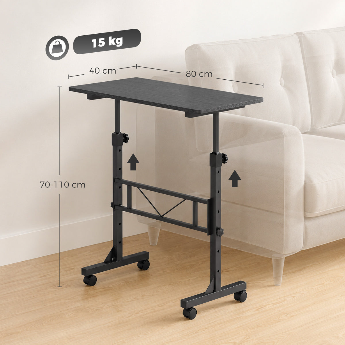 Height-adjustable overbed table with black tabletop, open frame, and caster wheels