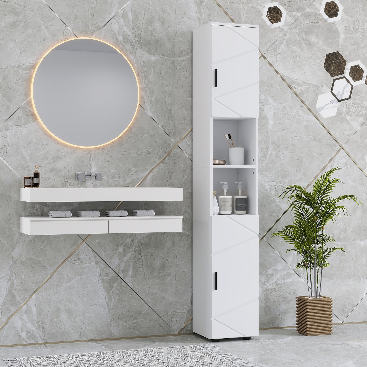Kleankin Line Embossed Tall Corner Slim Bathroom Storage Cabinet White Finish Fits Narrow Spaces