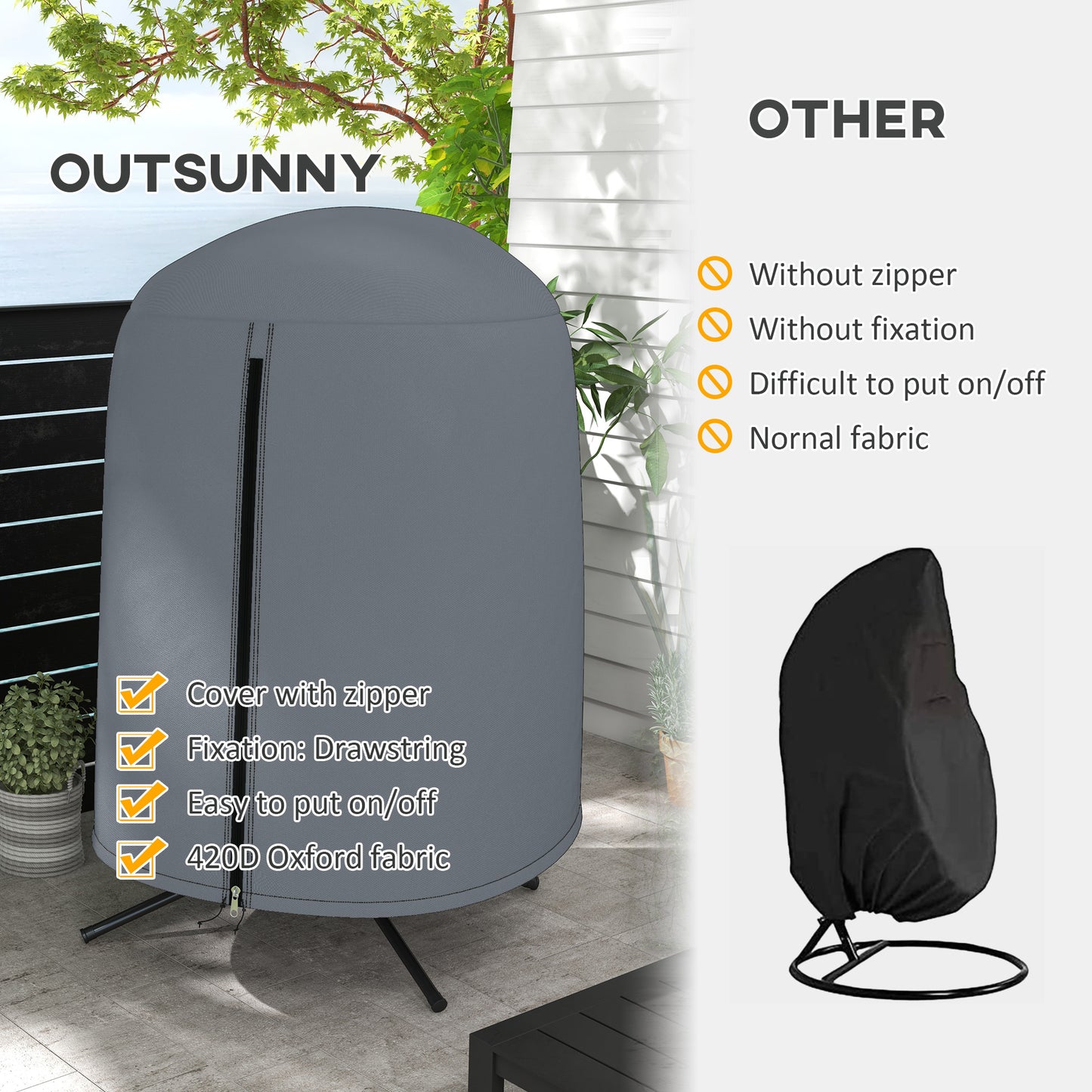 Outsunny 190 X 128cm Hanging Egg Chair Cover Weatherproof PU Coated 420D Outdoor Oxford Fabric Grey