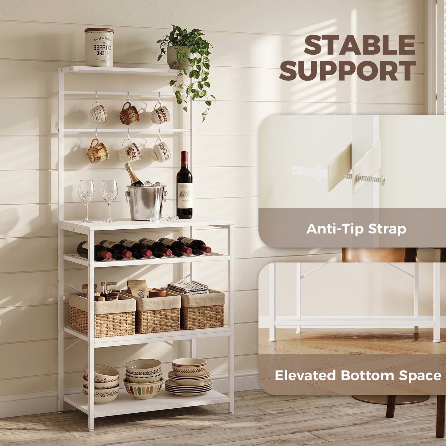 HOMCOM Freestanding Shelving Unit With Six Hooks And Wine Rack For Living Room And Home Office White