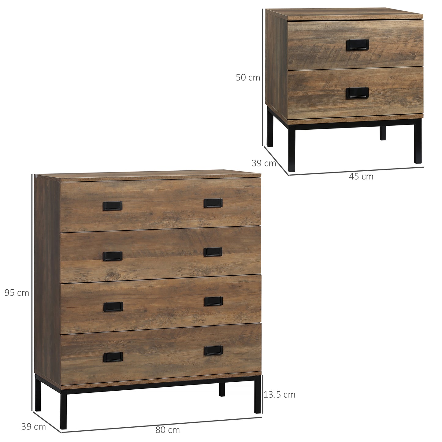 HOMCOM Rustic Wood Effect Chest Of Drawers And Nightstand Set With Four Drawers And Two Drawers Black Metal Frame