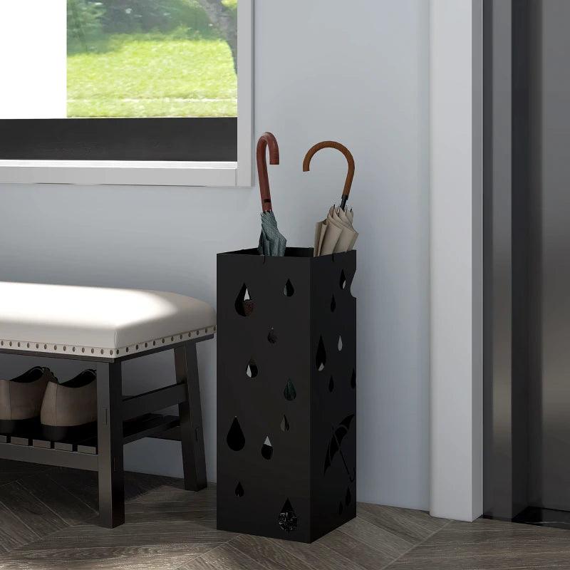 HOMCOM Dark Grey Square Freestanding Umbrella Stand with 4 Hooks and Drip Tray - Entryway Hallway Organizer for Stylish Storage. - ALL4U RETAILER LTD