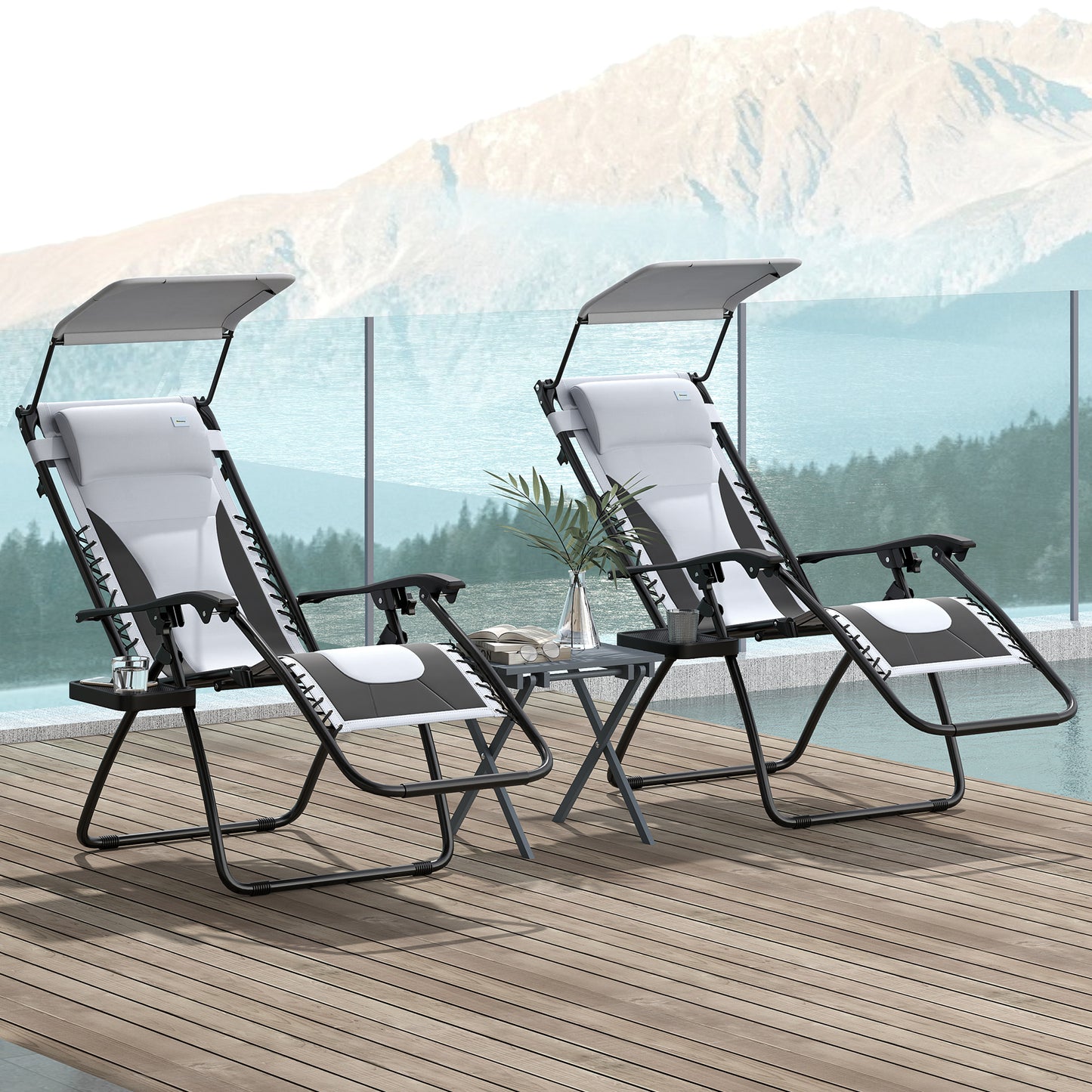 Outsunny Zero Gravity Lounge Chair Set of 2 Folding Reclining Patio Chairs with Shade Cover Cup Holder Headrest