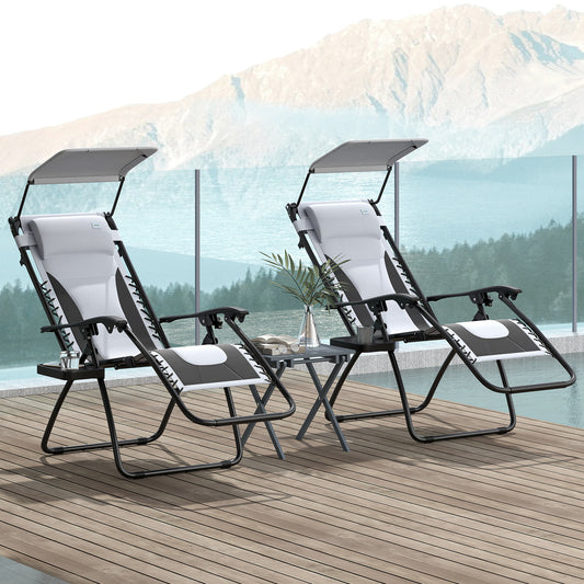 Outsunny Zero Gravity Lounge Chair Set of 2 Folding Reclining Patio Chairs with Shade Cover Cup Holder Headrest