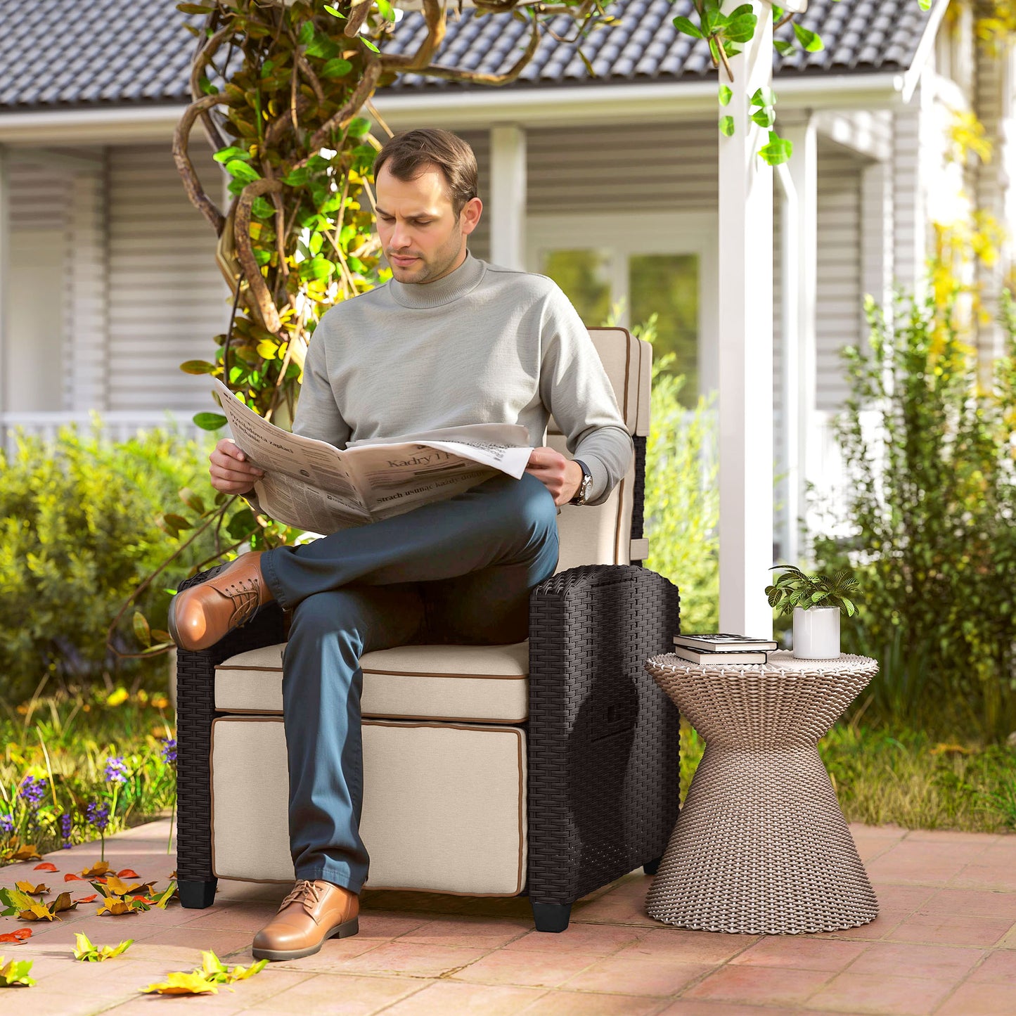 Outsunny 145 Degree Reclining Rattan Armchair With Footrest Outdoor Patio Brown Khaki