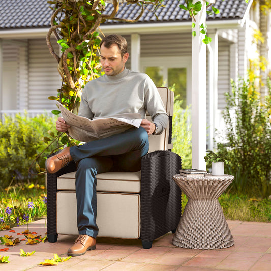 Outsunny 145 Degree Reclining Rattan Armchair With Footrest Outdoor Patio Brown Khaki