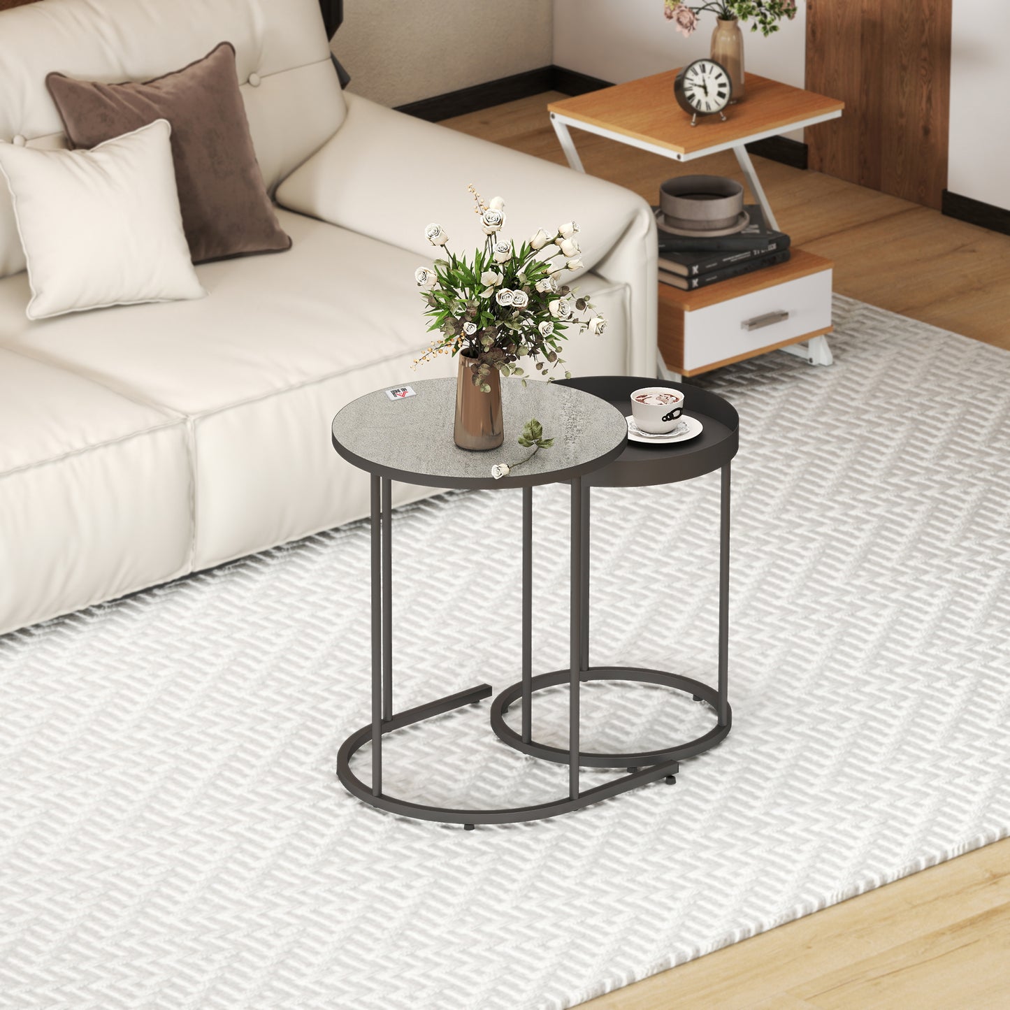 HOMCOM Industrial Nesting Tables Set of Two Grey Finish Small and Large Tables for Space Saving