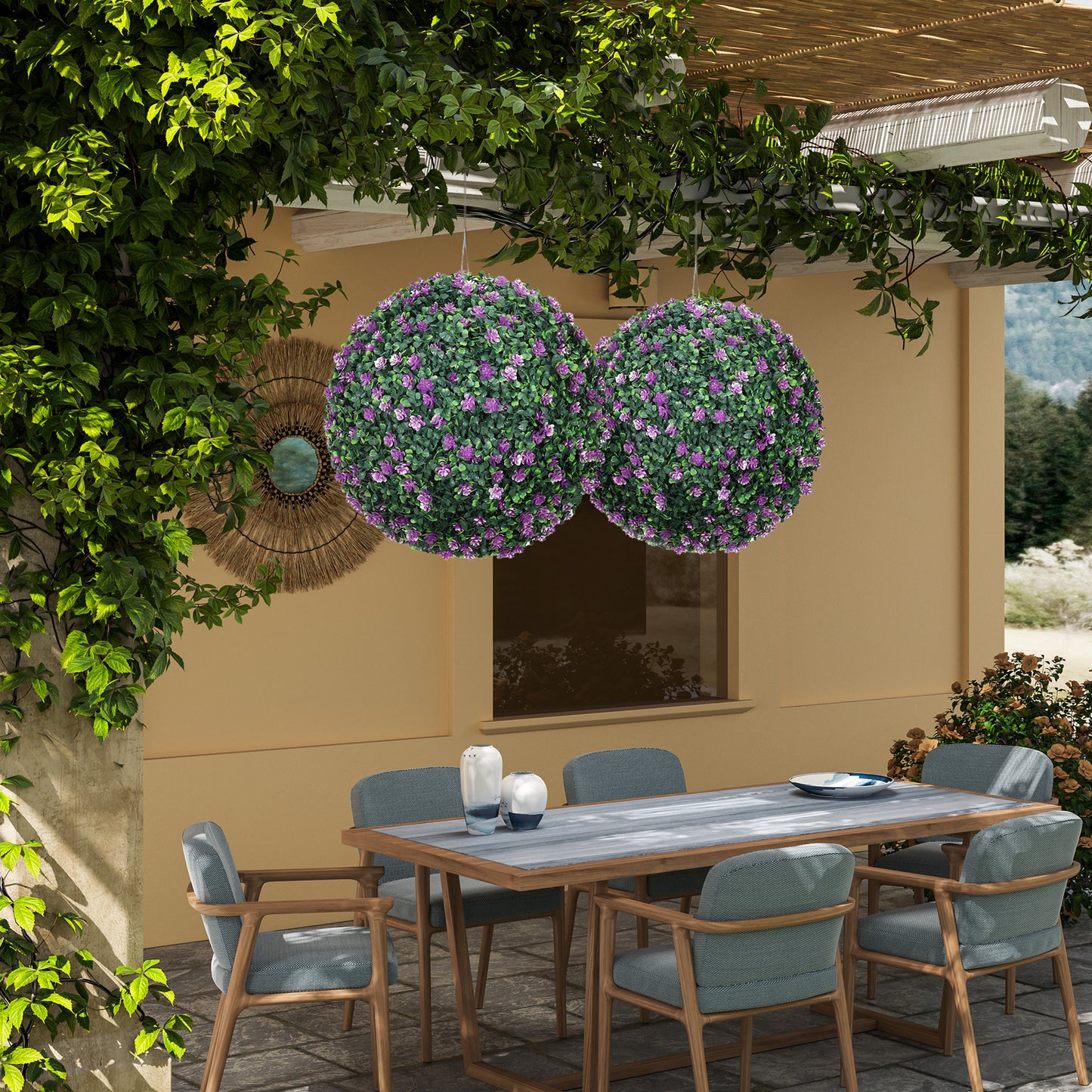 HOMCOM Set of Two Artificial Boxwood Balls Purple for Realistic Indoor Outdoor Decor