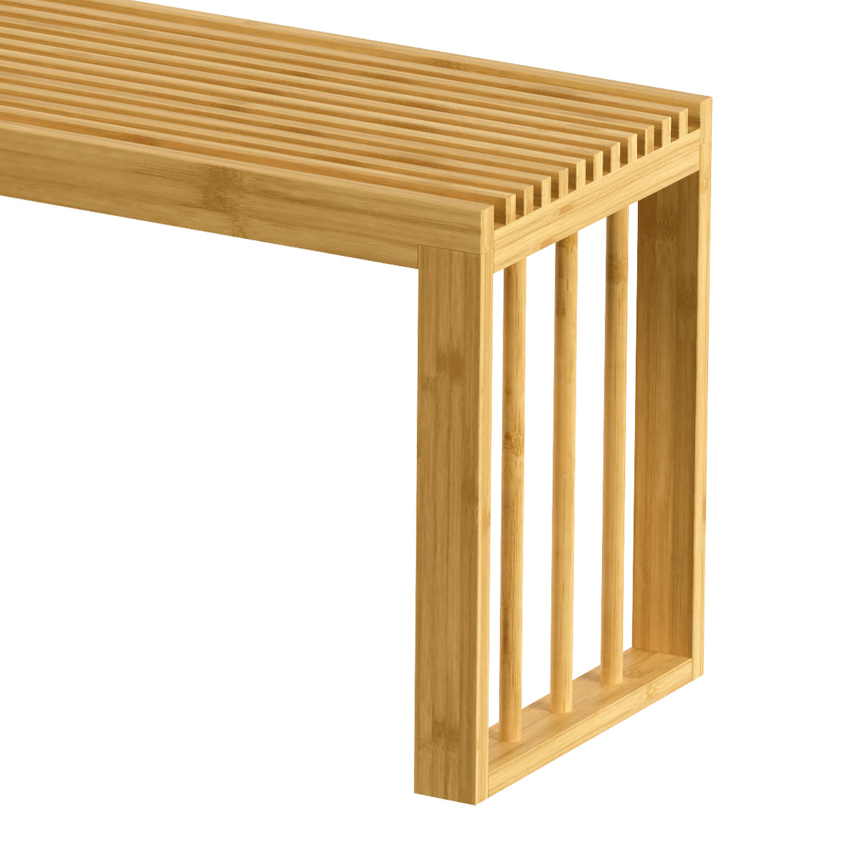 Side view of natural bamboo shoe bench with slatted seat and open vertical support frame