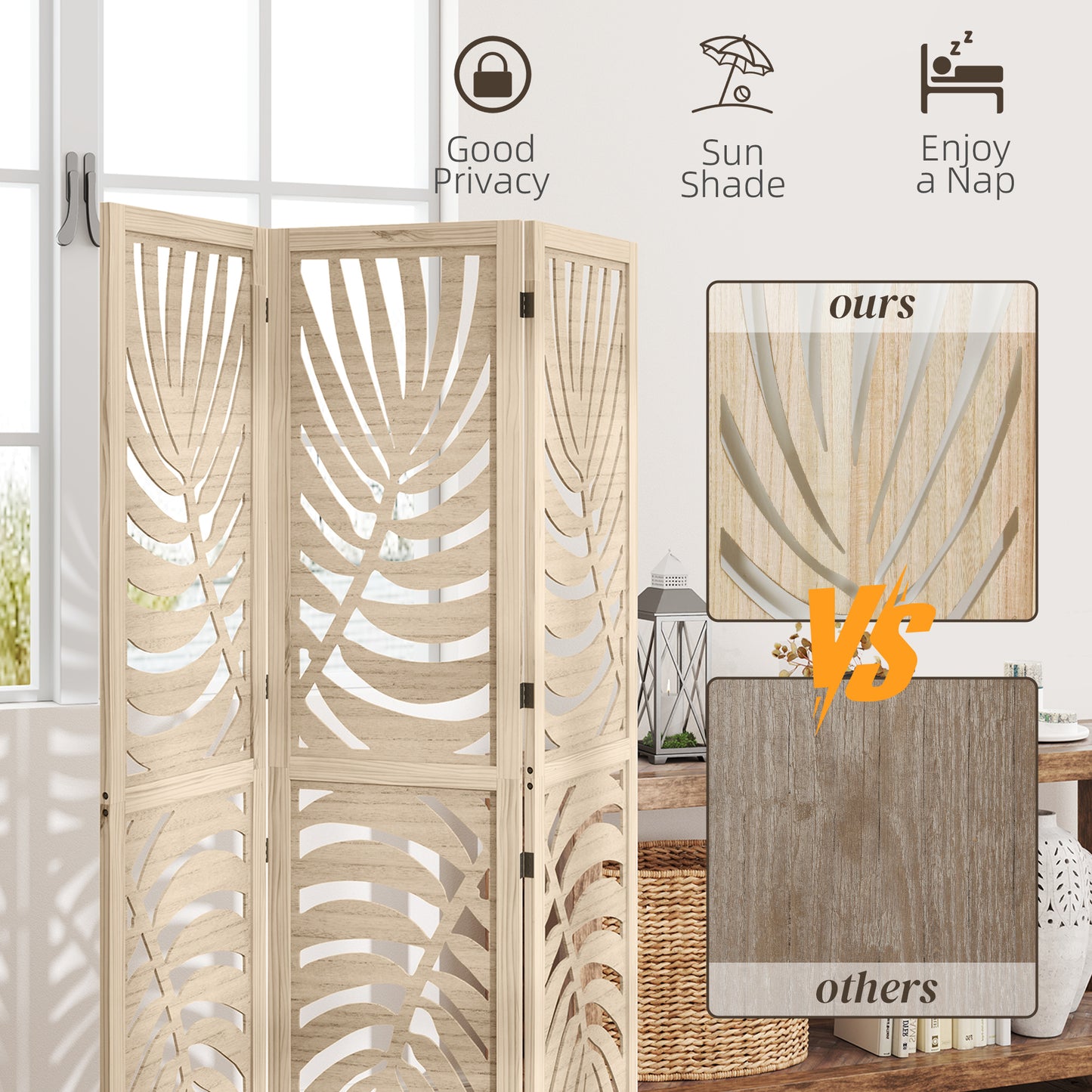 HOMCOM 3 Panel Room Divider With Palm Leaf Design Detachable Folding Privacy Screen Wood Finish For Home Office