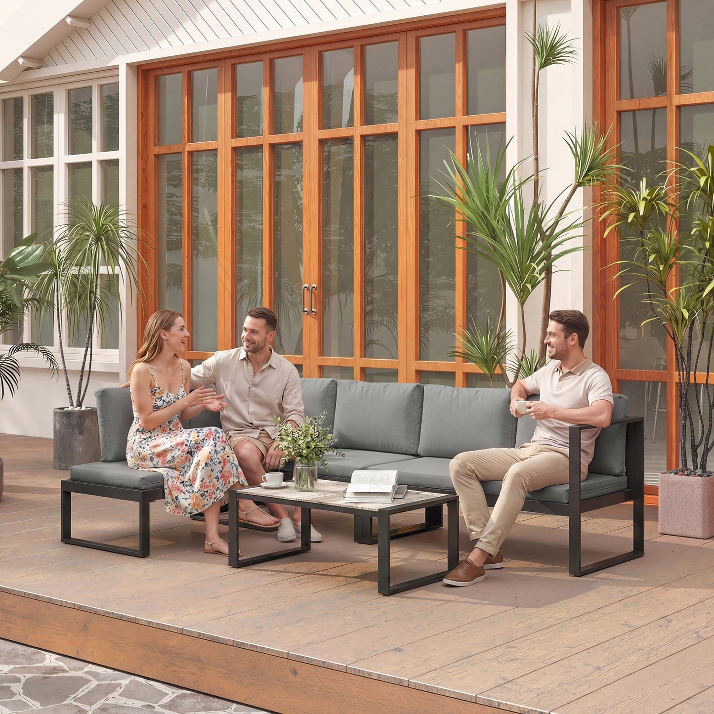 Outsunny 4 Piece Garden Sofa Set With Two Loveseats Armless Chair And Coffee Table For Balcony Dark Grey