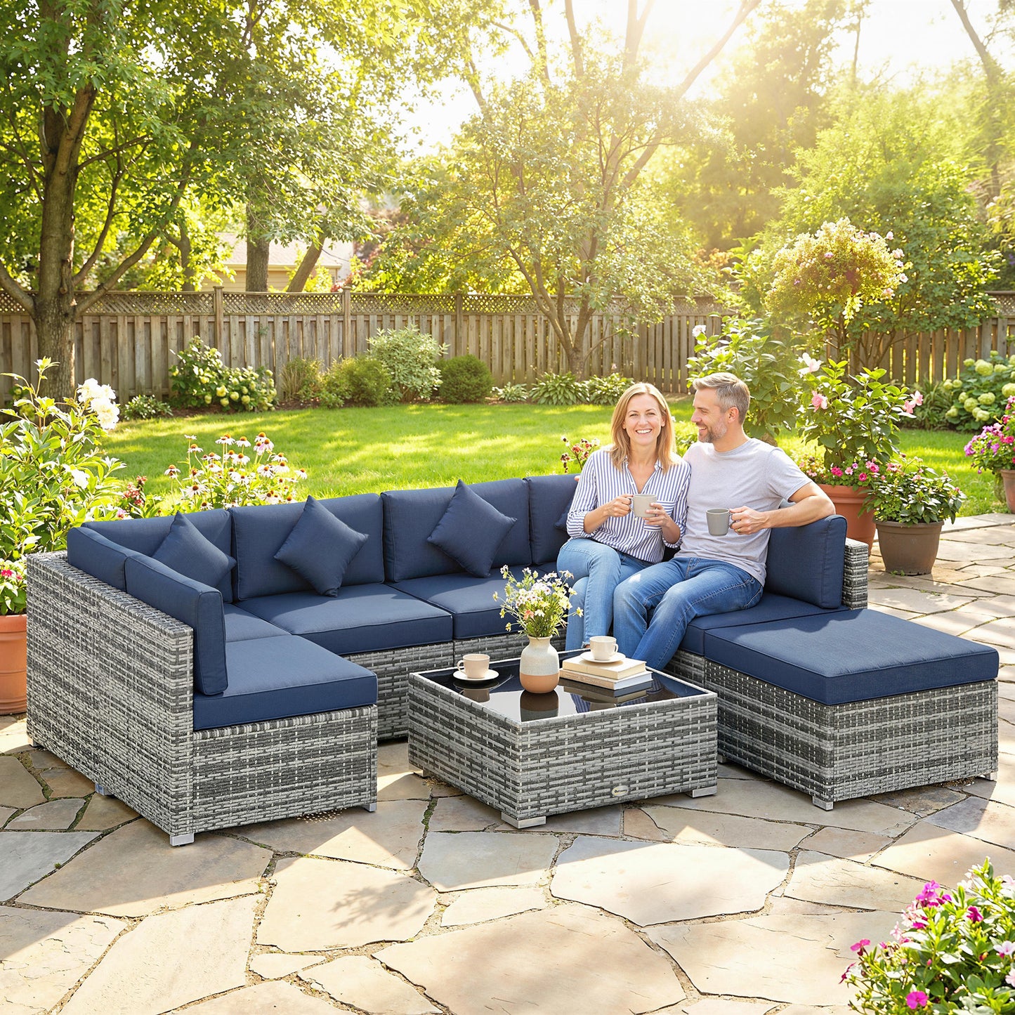 Outsunny 8 Piece PE Rattan Corner Sofa Set Outdoor Garden Furniture Patio Wicker with Cushions Dark Blue