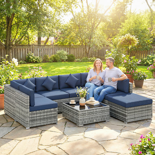 Outsunny 8 Piece PE Rattan Corner Sofa Set Outdoor Garden Furniture Patio Wicker with Cushions Dark Blue