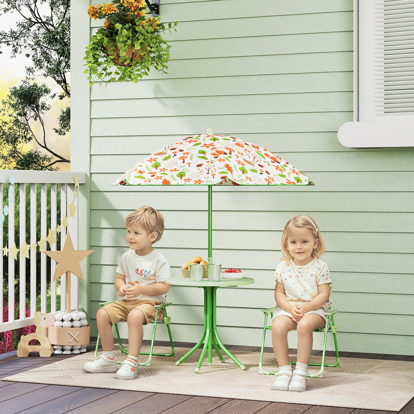AIYAPLAY 4 Piece Kids Garden Table And Chair Set With Adjustable Parasol Folding Chairs And Table Nature Pattern Green
