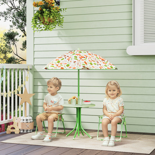 AIYAPLAY 4 Piece Kids Garden Table And Chair Set With Adjustable Parasol Folding Chairs And Table Nature Pattern Green