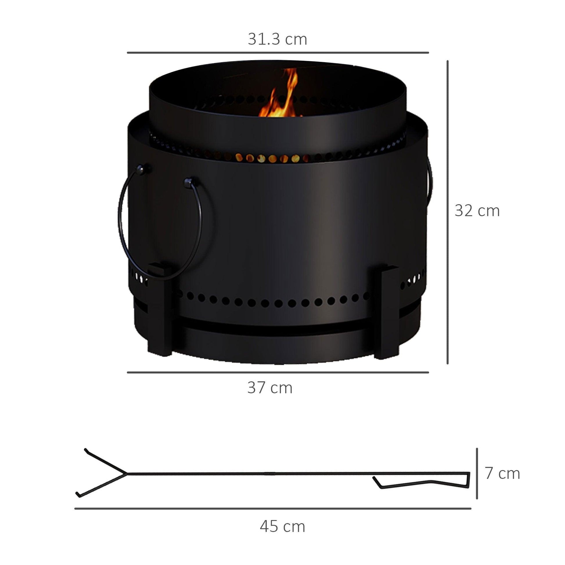 Outsunny Smokeless Fire Pit, 37cm Portable Wood Burning Firepit with Poker for Garden Camping Bonfire Party, Metal, Black - ALL4U RETAILER LTD