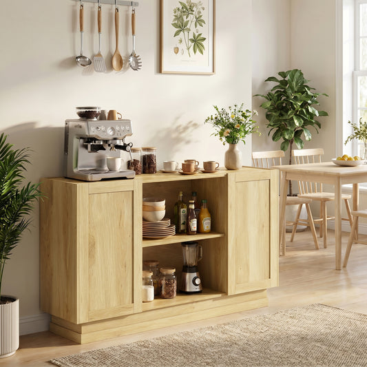 Natural wood sideboard buffet cabinet with 2 open shelves and 2 cabinet doors