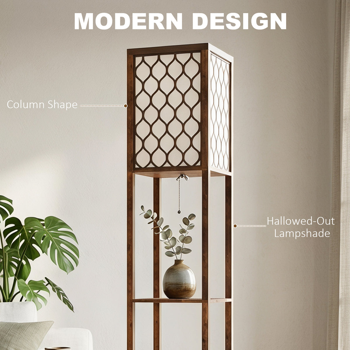 Modern column floor lamp in rustic brown with louvered panels and open middle storage shelf.