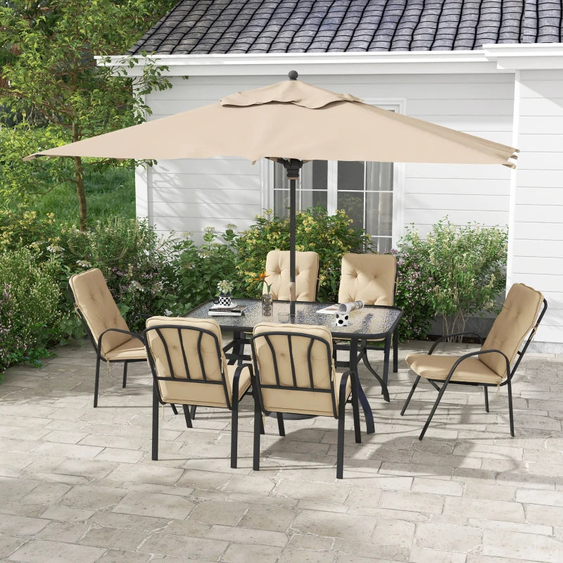 Outsunny 7 Piece Garden Dining Set - Outdoor Dining Table with 6 Cushioned Armchairs, Tempered Glass Top, Umbrella Hole, Texteline Seats in Beige - ALL4U RETAILER LTD