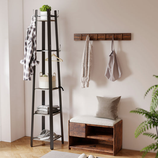 HOMCOM Industrial-Style Four-Shelf Coat Stand With Eight Triple-Prong Hooks In Grey And Black