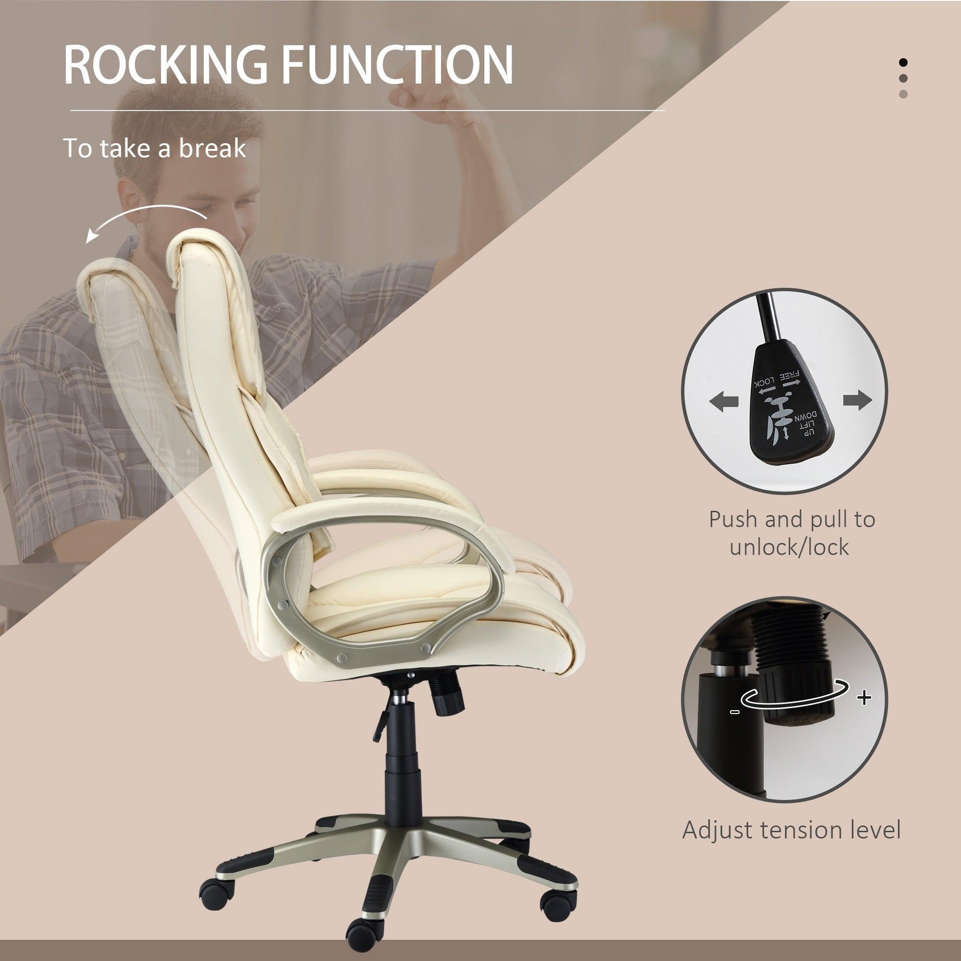 HOMCOM Home Office Chair High Back Computer Desk Chair with Faux Leather Adjustable Height Rocking Function Cream White - ALL4U RETAILER LTD