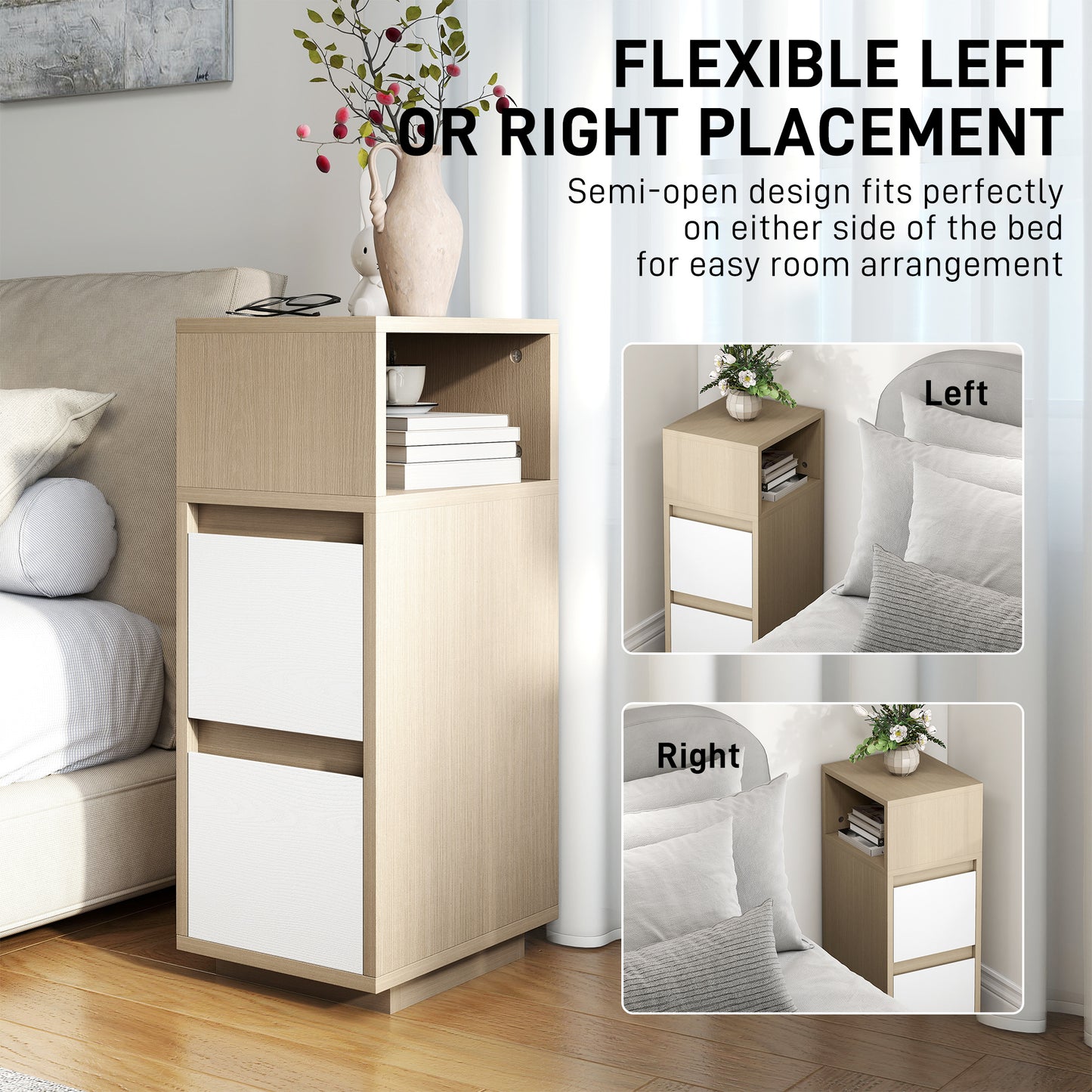 HOMCOM Slim Bedside Table Narrow Cabinet With Open Shelf And Two Drawers Natural Wood Finish For Bedroom And Living Room