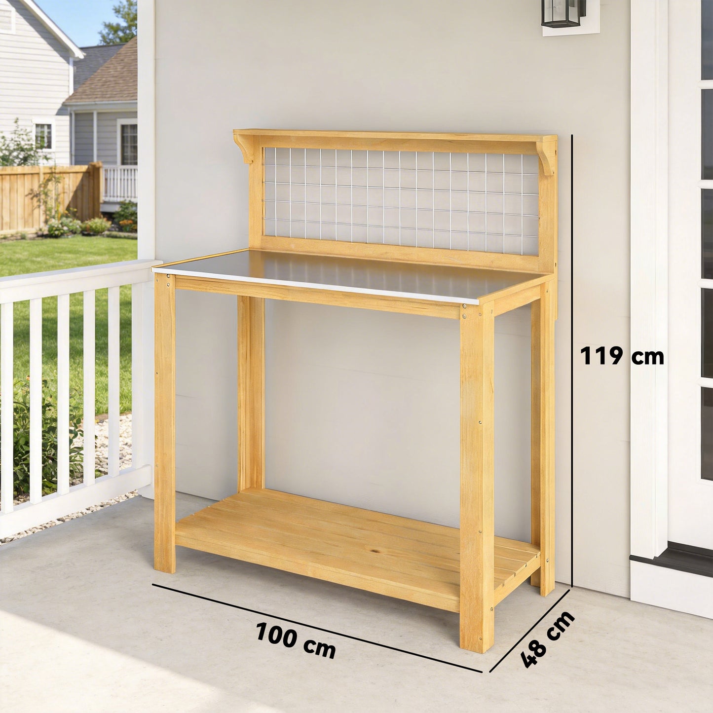 Outsunny Wooden Potting Bench Table With Aluminium Worktop Outdoor Garden Workbench Two Shelves