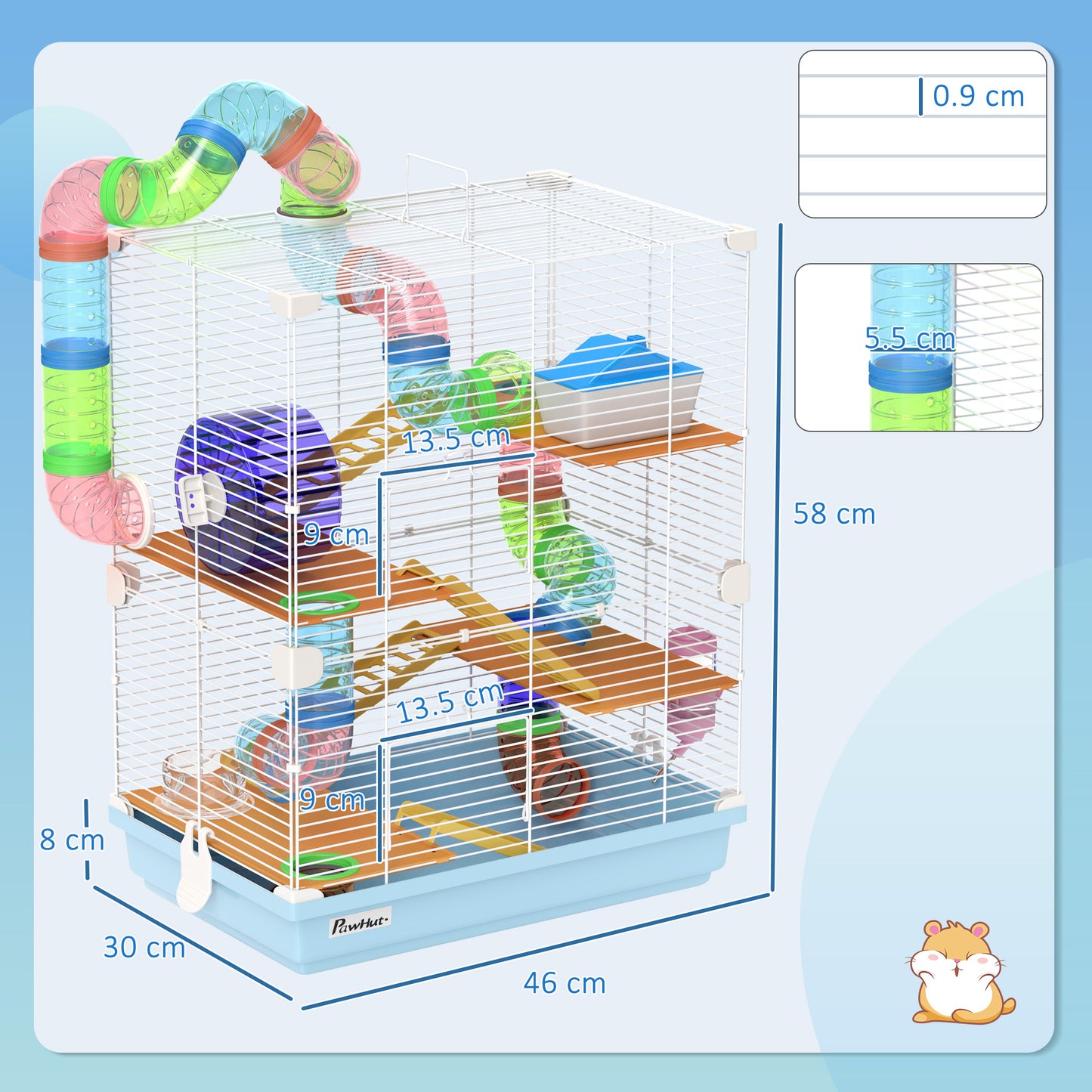 PawHut 5-Tier Light Blue Hamster Habitat with Exercise Wheel, Tunnel & Accessories - ALL4U RETAILER LTD