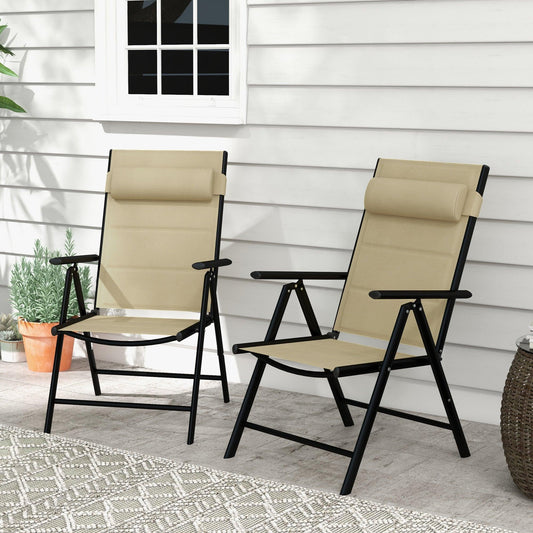 Outsunny Set of 2 Patio Folding Chairs w/ Adjustable Back, Garden Dining Chairs w/ Breathable Mesh Fabric Padded Seat, Backrest, Headrest, Khaki - ALL4U RETAILER LTD