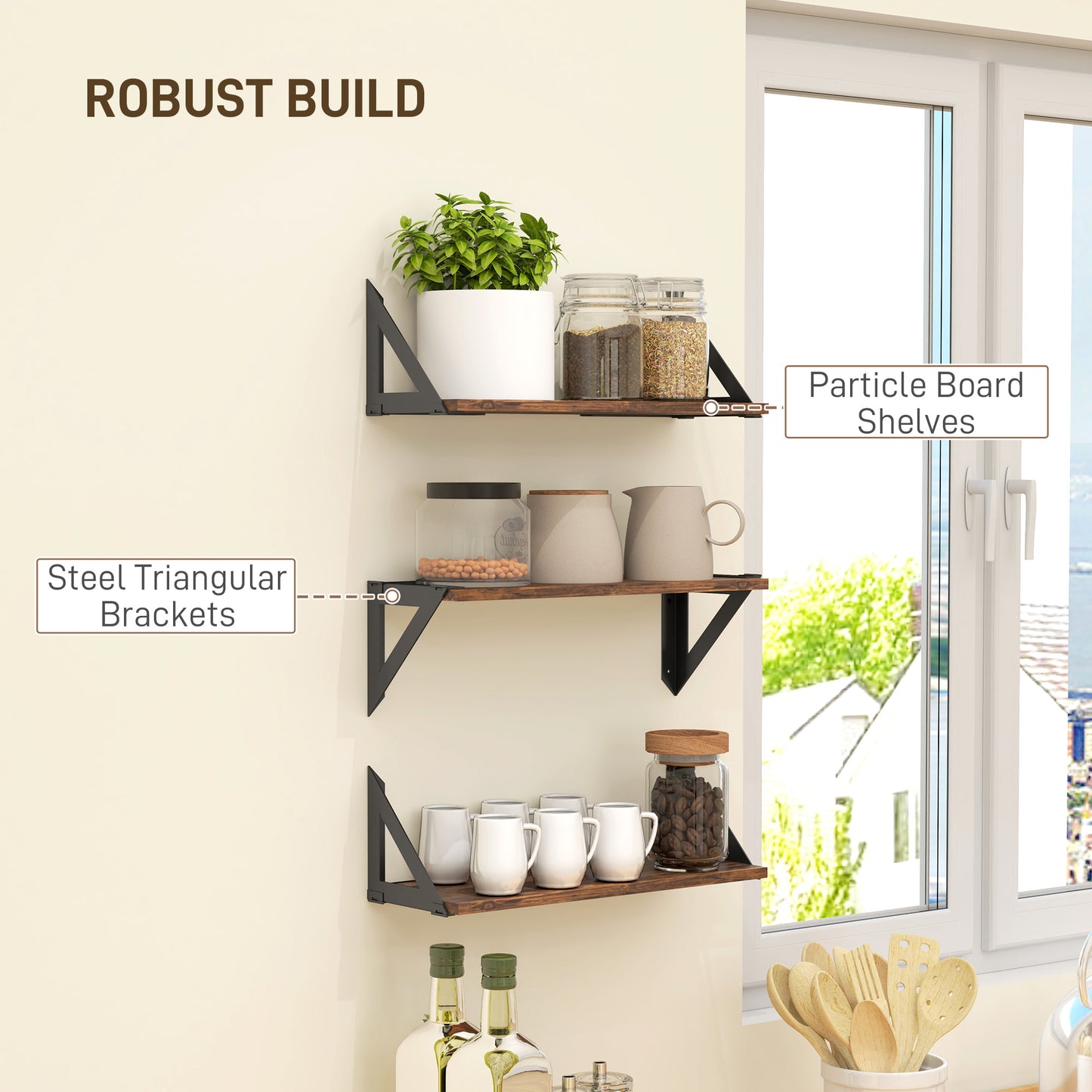 HOMCOM Set Of 3 Rustic Brown Wall Mounted Floating Shelves 43cm Vintage Living Room Entryway Bedroom