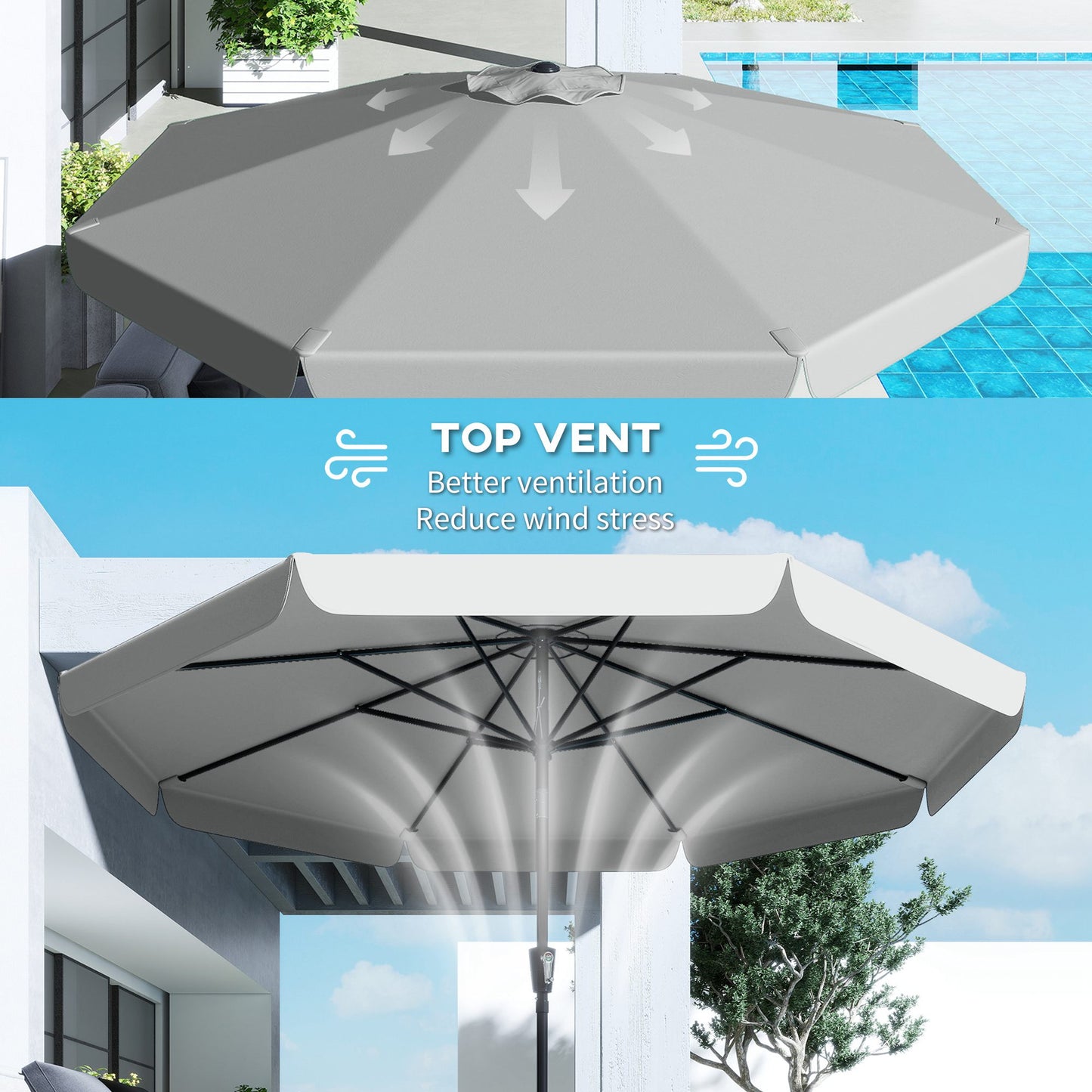 Outsunny 3m Garden Parasol With Tilt Mechanism And Crank Handle UPF 30 Plus Patio Table Umbrella Light Grey