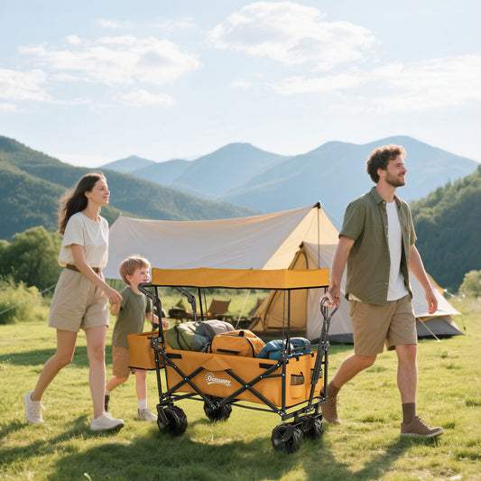 Outsunny 120L Folding Camping Trolley Cart With Removable Canopy Terrain Wheels Adjustable Handle Push Or Pull Orange