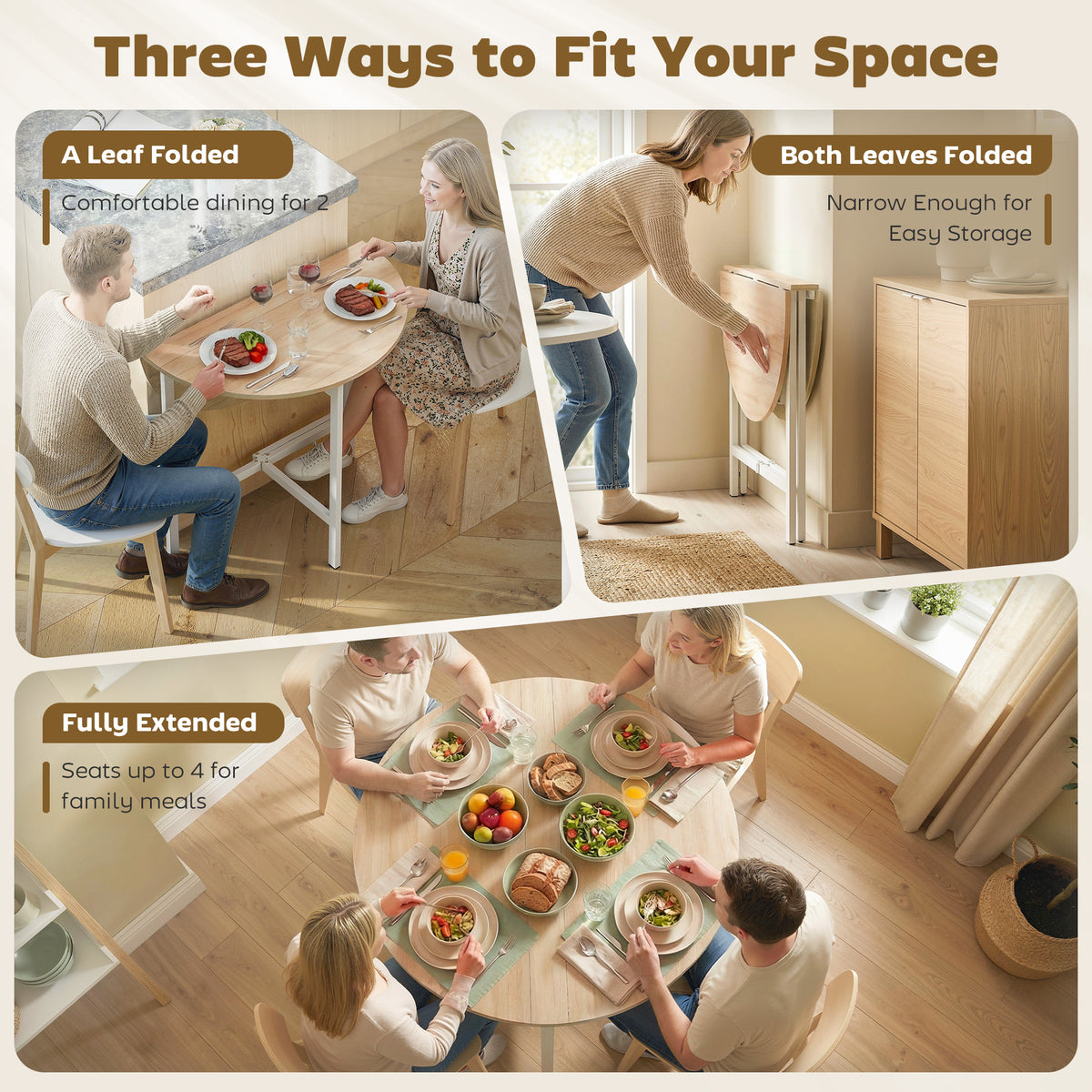 Natural wood drop-leaf dining table shown in multiple fold positions for storage