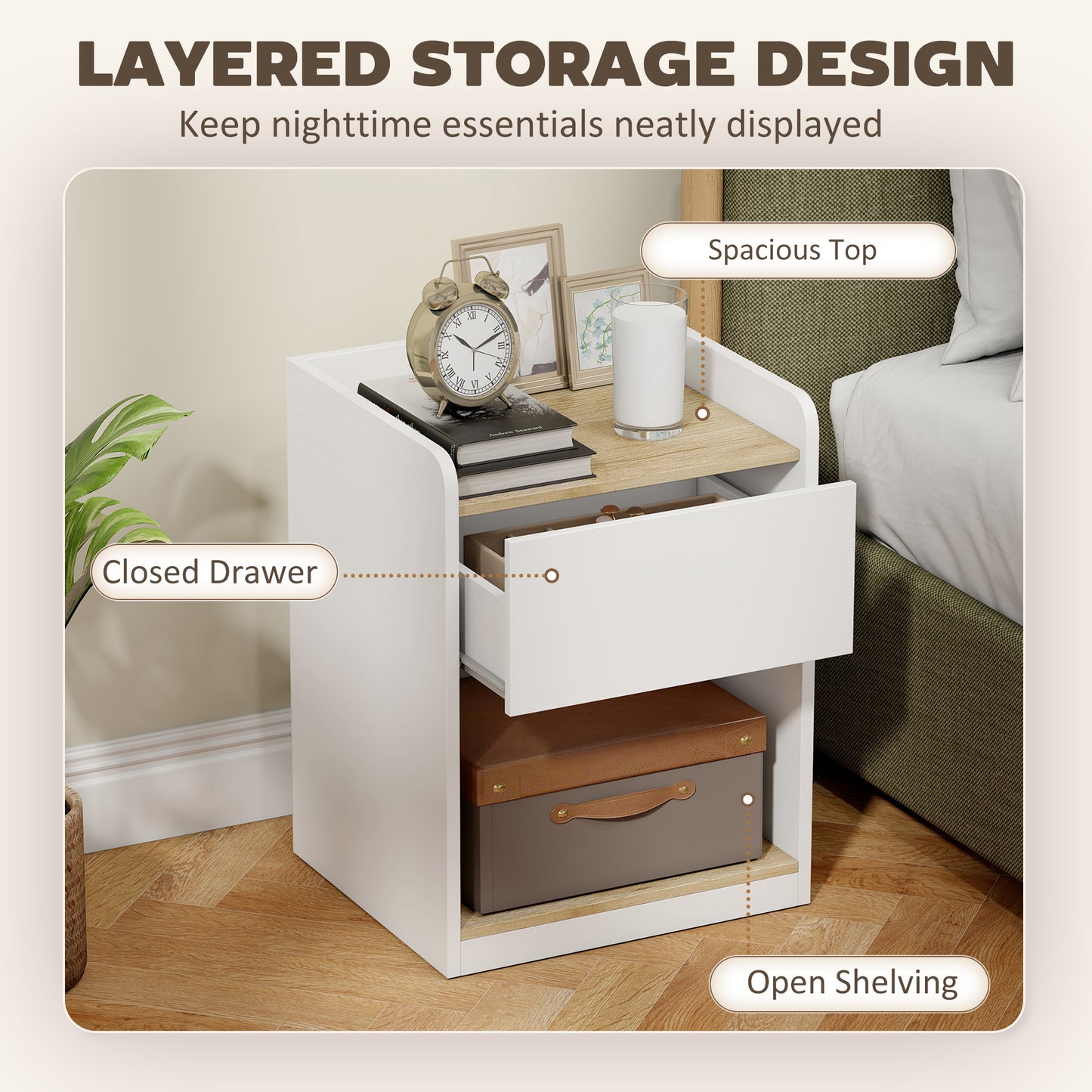 HOMCOM Slim Bedside Table With Drawer Open Shelf And Cable Holes White Oak