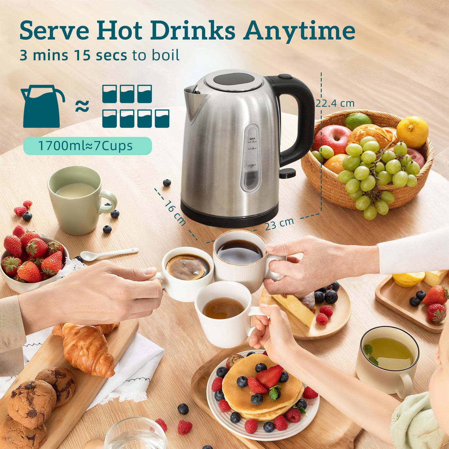 HOMCOM Polished Toaster and Kettle Set Silver Tone With 1.7L Kettle Capacity and LED Indicator