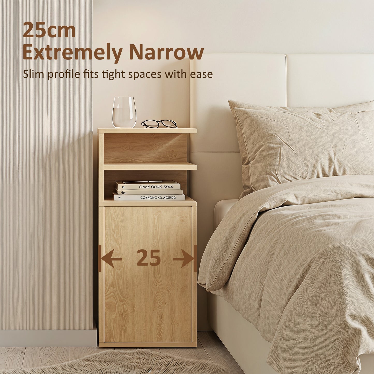 HOMCOM Slim Bedside Table Set Of 2 Narrow Cabinets With Open Cubbies And Cupboard In Oak Finish For Bedroom Living Room