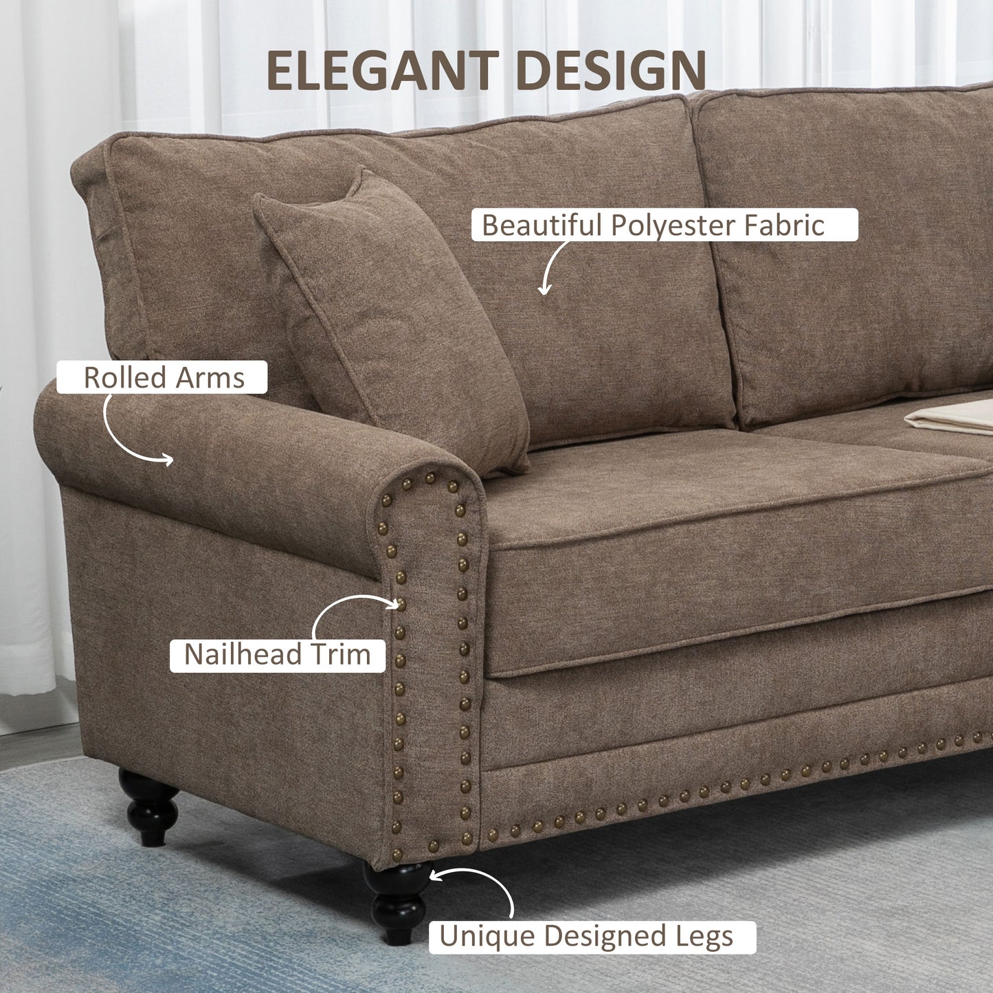 HOMCOM 196cm 3 Seater Fabric Sofa With Rubber Wood Legs Nailhead Trim Two Pillows Upholstered Couch Settee Brown