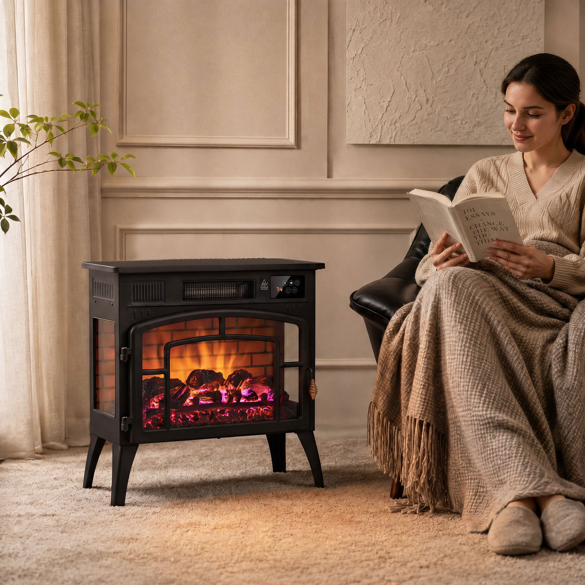 Black electric fireplace stove with three-sided glass and warm glowing flame